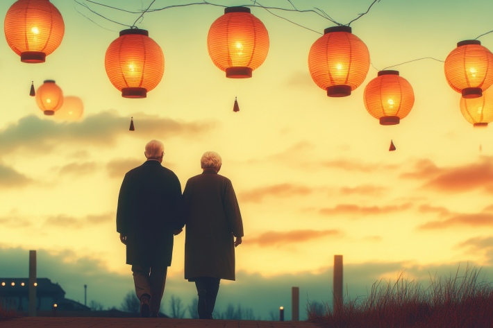 Longevity Couples stroll together under glowing lanterns at sunset in a tranquil setting