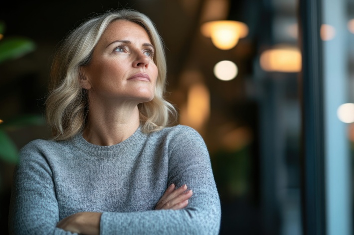 menopauza A woman gazes out the window, reflecting on life in a warm, sunny room Fot 123RF
